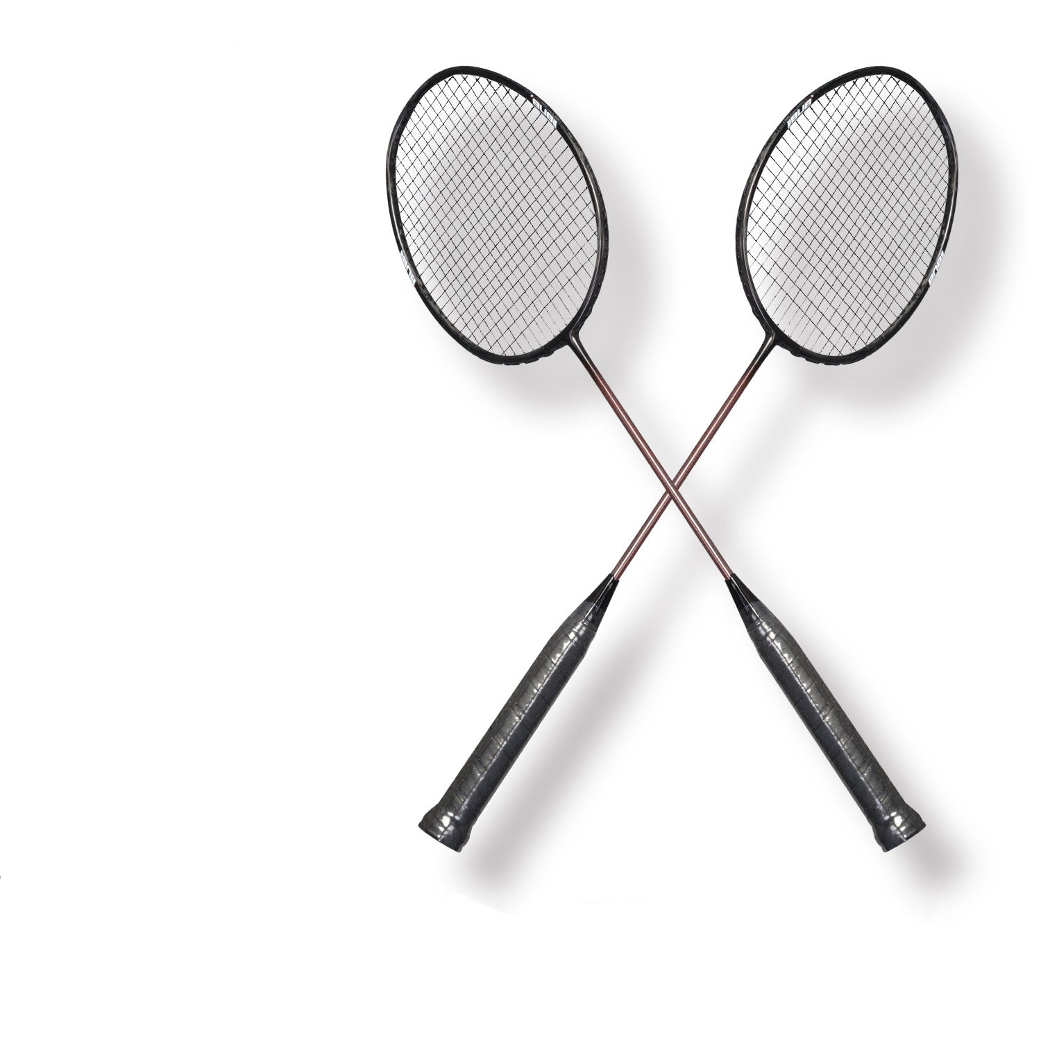 Two carbon fiber badminton rackets with black frames and strings