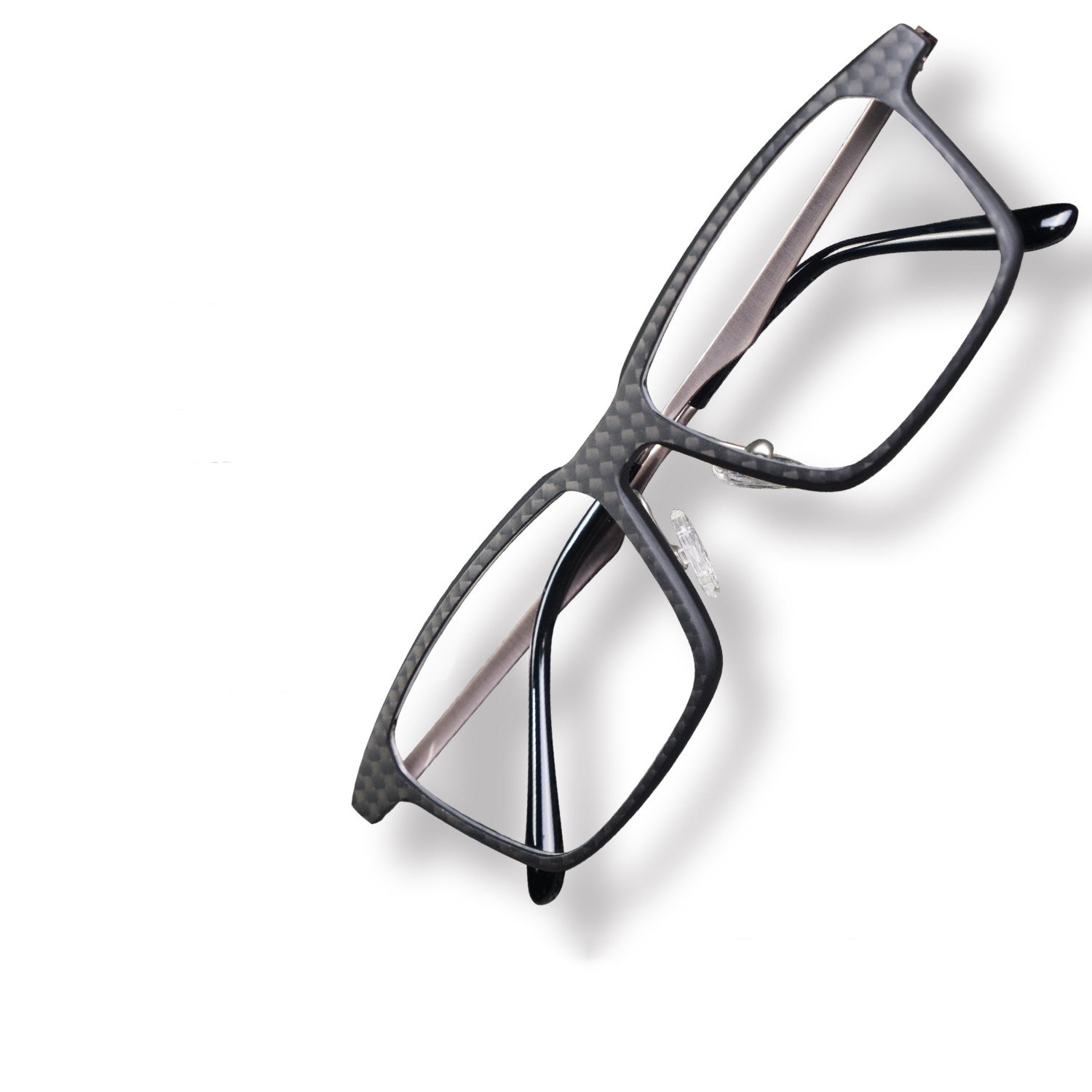 Close-up of a 3K plain weave carbon fiber eyeglass frame with a square shape and clear lenses.
