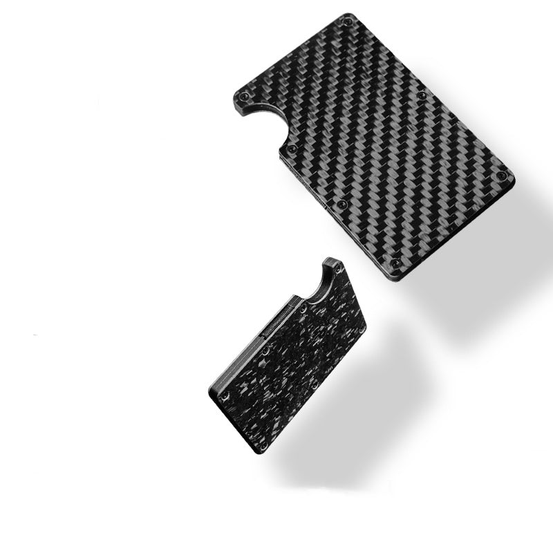 Close-up shots reveal the 3K carbon fiber and forged carbon fiber card clips, their surfaces showcasing a distinctive woven texture.