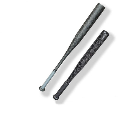 Two carbon fiber baseball bats with distinct weave patterns.