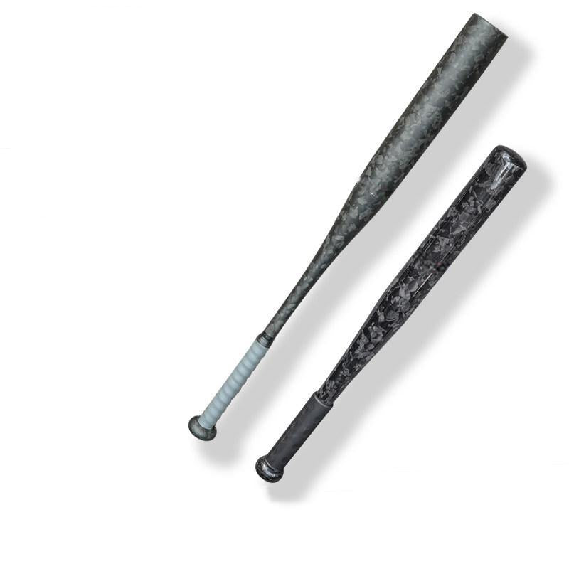 Two carbon fiber baseball bats with distinct weave patterns.