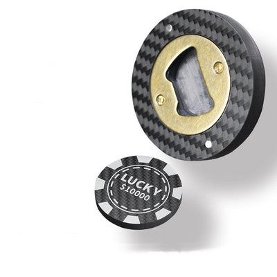 Close-up of carbon fiber bottle opener featuring a poker chip design, adorned with “LUCKY $10000” lettering and a brass corkscrew mechanism.