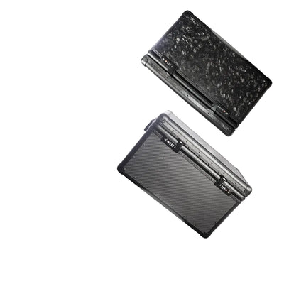 A 3K carbon fiber and forged carbon fiber automotive storage box with combination lock in the closed state.