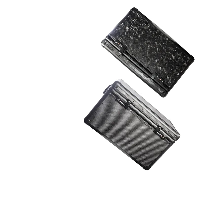 A 3K carbon fiber and forged carbon fiber automotive storage box with combination lock in the closed state.