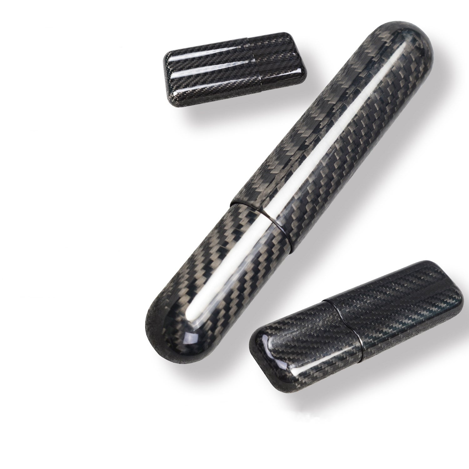 Close-up of a carbon fiber cigar case featuring a textured pattern.