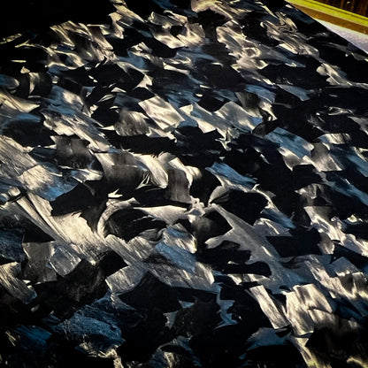 Close-up detail of forged carbon fiber material showcasing its distinctive chopped pattern with metallic and glossy texture variations.