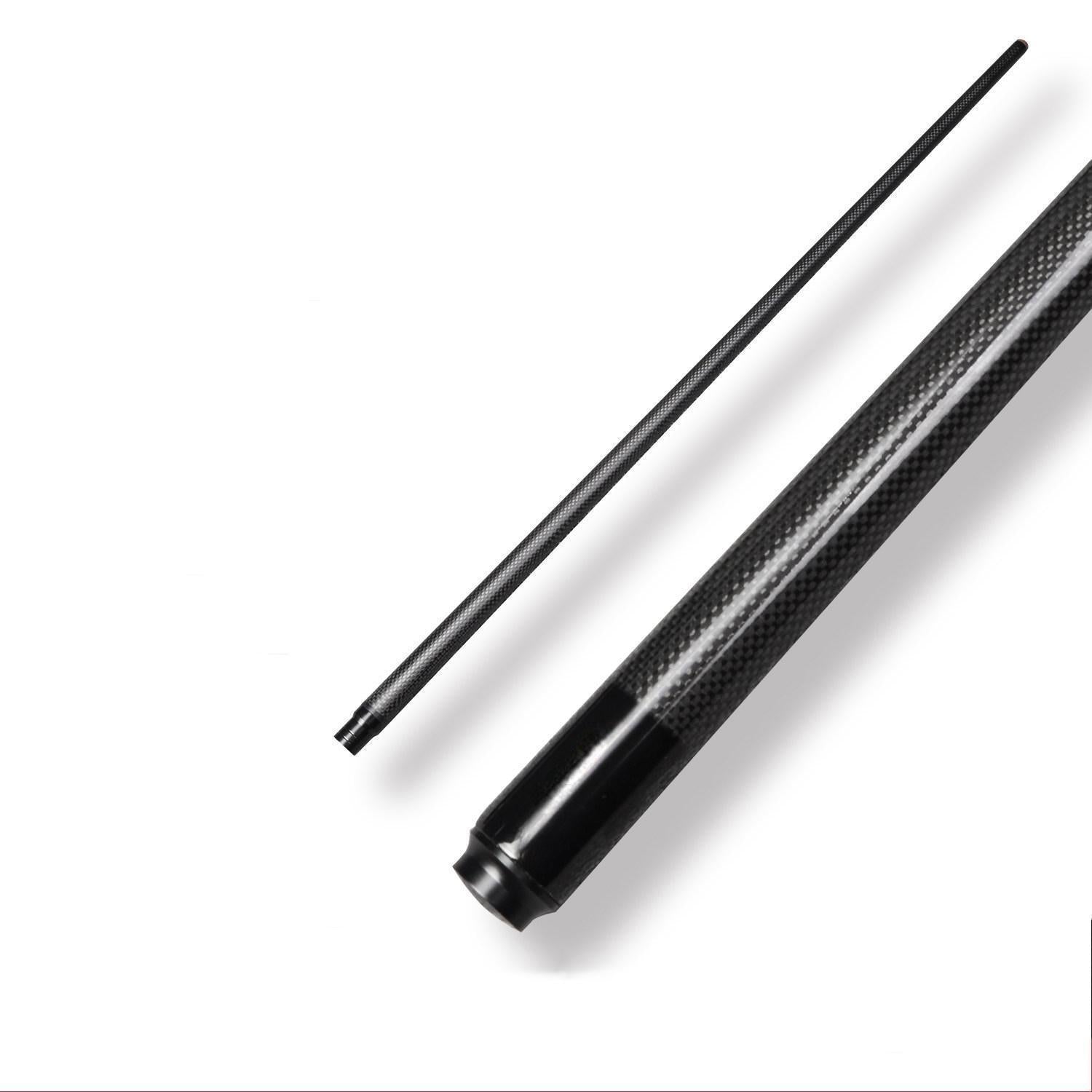 Close-up of a two-piece carbon fiber pool cue, featuring exceptionally clear 3K carbon fiber weave.