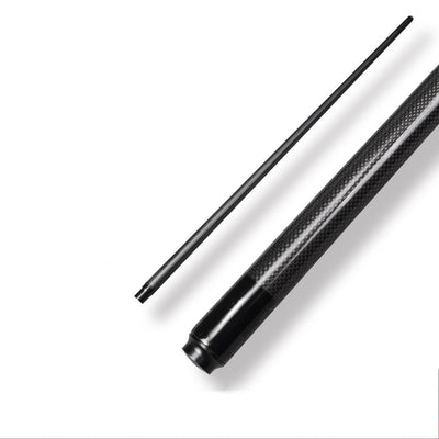 Close-up of a two-piece carbon fiber pool cue, featuring exceptionally clear 3K carbon fiber weave.