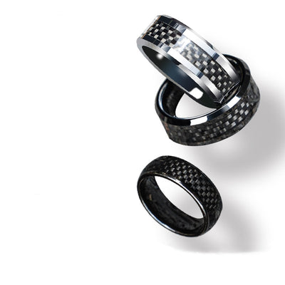 Three rings featuring 3K carbon fiber details and metal trim.
